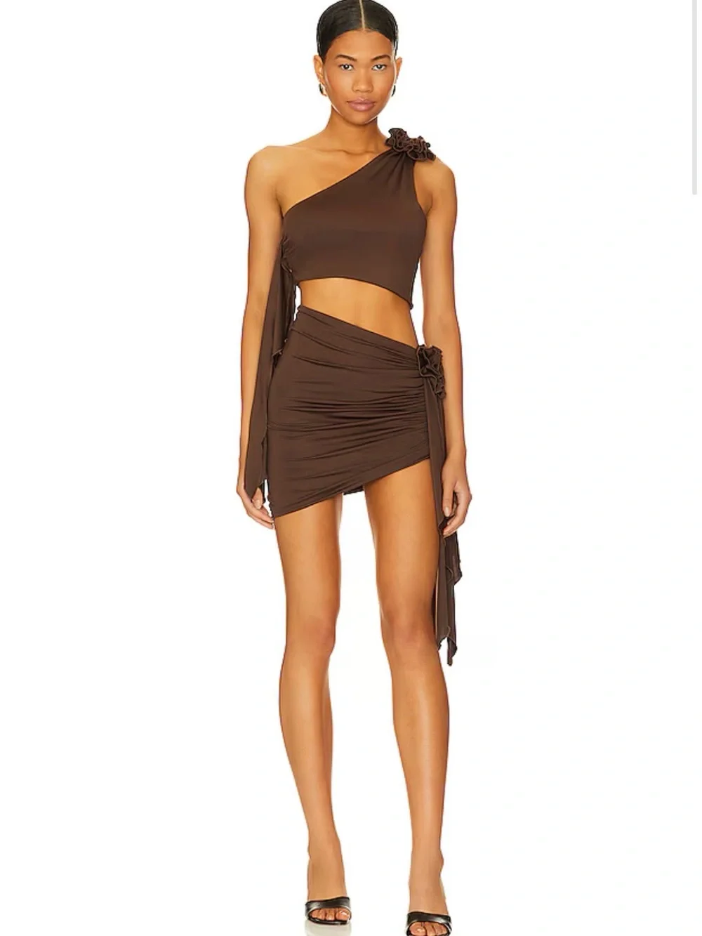 Lovers and Friends Brown One-Shoulder Crop Top & Mini Skirt Set